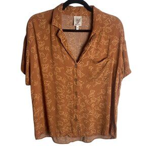 Self Esteem Size Xl Mushroom Neutral Brown Button Down Short Sleeve Blouse Top